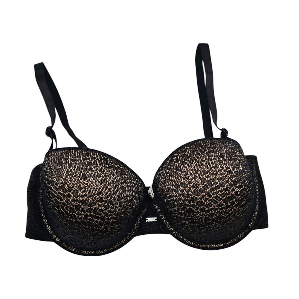 Self Expressions I-Fit Womens Sz 34D T Shirt Bra Beige w/ Black Overlay
